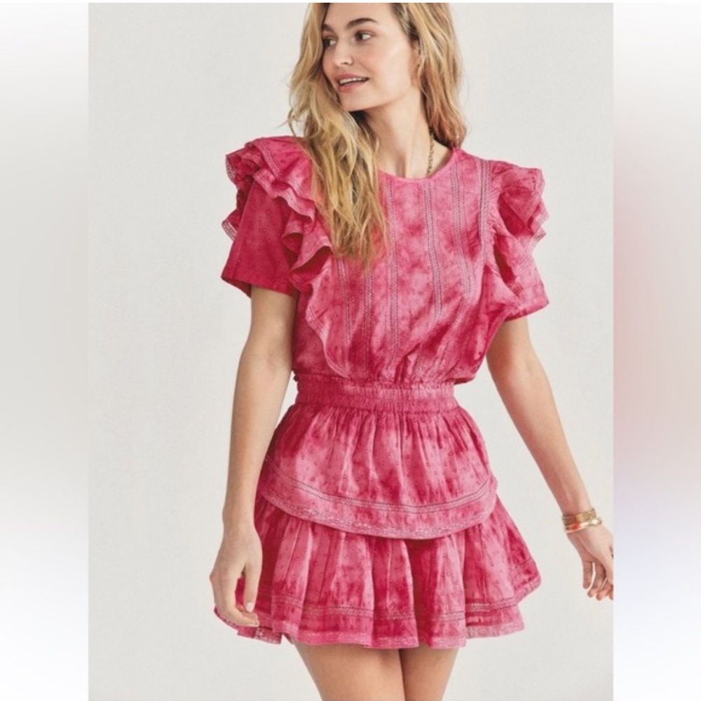 LOVESHACKFANCY Natasha Ruffle Mini Dress BORDEAUX HAND DYE pink lace size L